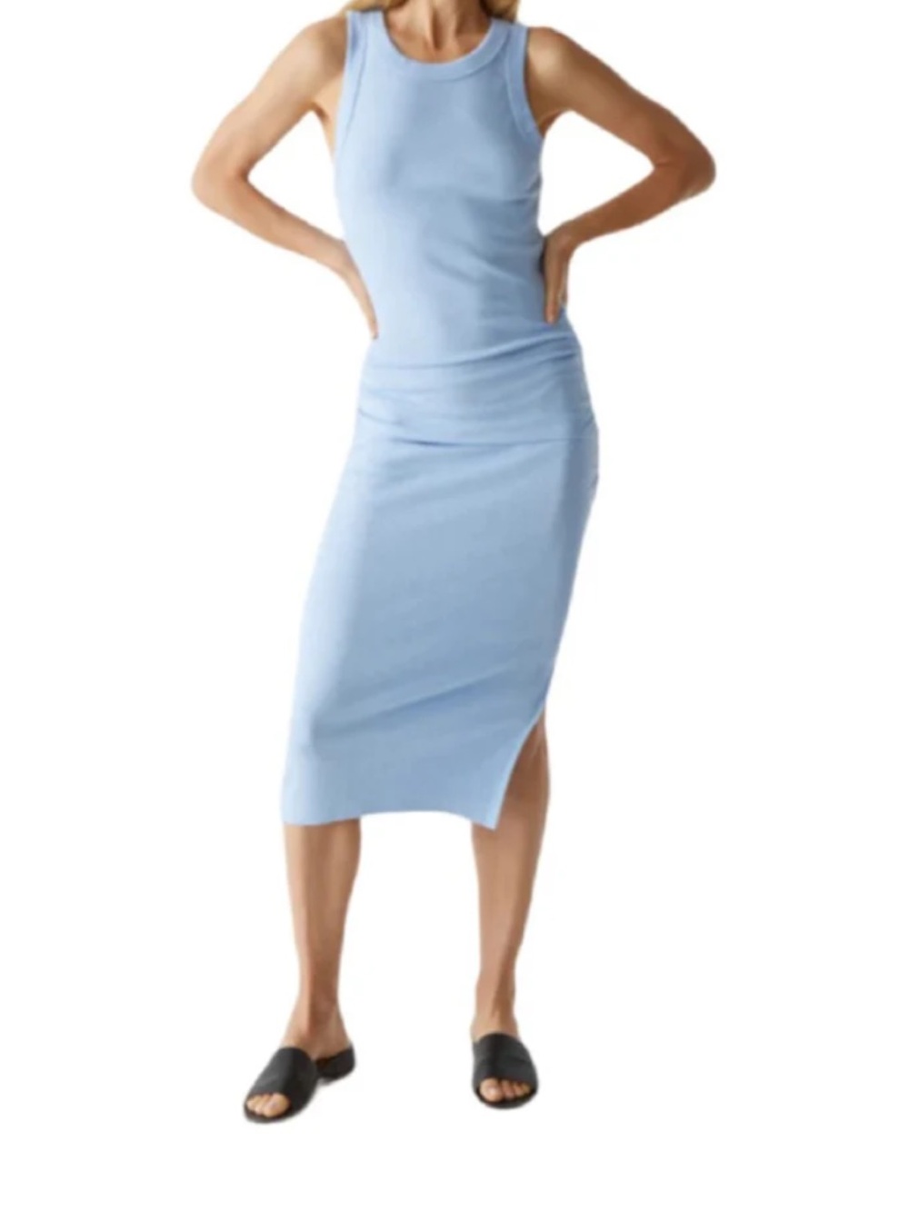 Michael Stars Wren Light Blue Ribbed Midi Dress with Side Slit